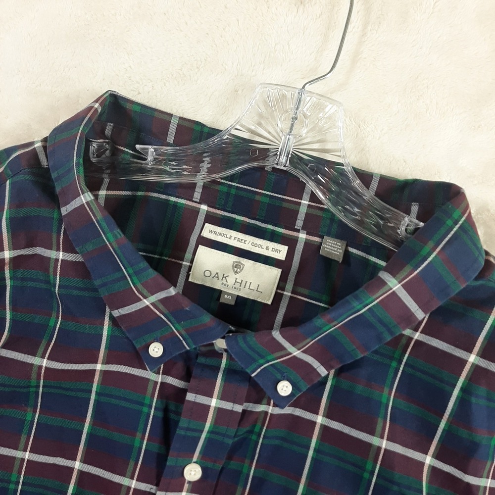 Oak Hill Mens 6XL Plaid Button Down Shirt‎ Wrinkle Free Cool Dry Blue Burgundy